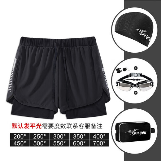 Sanqihu swimming trunks men's anti-embarrassment suit loose fit fitness sports beach large size double-layer quick-drying swimsuit black swimming trunks + swimming cap + swimming goggles + nose clip + earplugs L Recommended 80-100Jin Jin equals 0.5 kg L