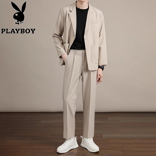 Playboy business draped casual suit suit men's loose Korean style jacket spring and autumn handsome blazer summer black trousers suit L size 125-140Jin[Jin equals 0.5 kg]