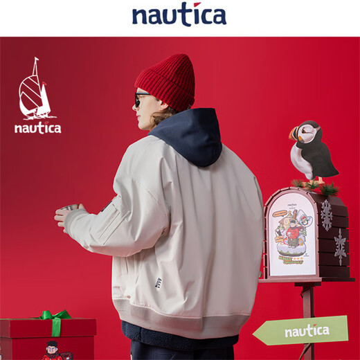 nautica white sail【联名限量】白帆×爆尼膏 日系无性别三合一厚外套棉服BGJW4401 浅灰白01G M