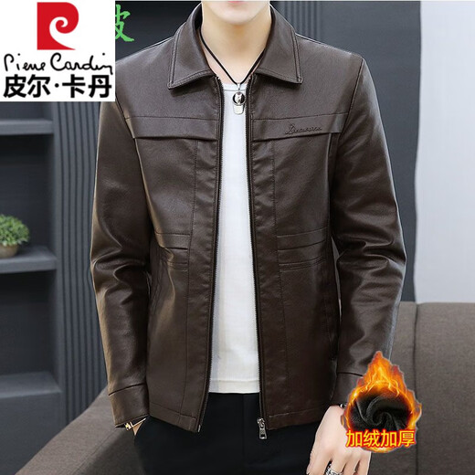 皮尔卡丹（pierre cardin）真皮皮衣男春秋新款休闲男装韩版机车潮流皮夹克加绒保暖翻领外套 咖啡色8902【春秋款】 M 90-105斤