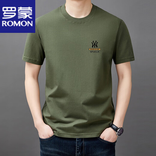 罗蒙（ROMON）男士短袖t恤纯棉圆领半袖上衣2025夏季薄款休闲时尚凉感体恤衫男 短袖YW9929军绿 M 165建议90-120斤