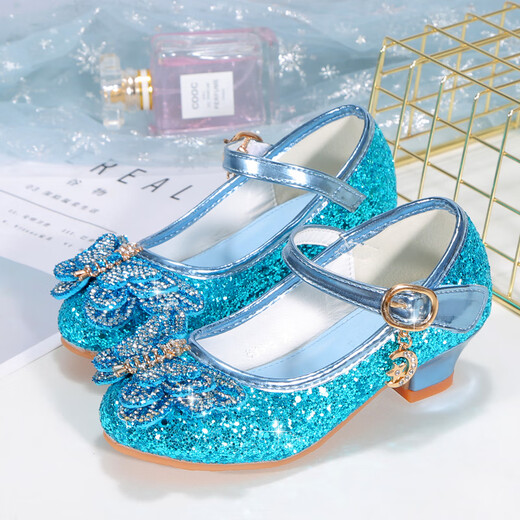 Ye Yu's new plus size girls' high heels, crystal performance leather shoes, children's high heels, student single shoes, Elsa Princess shoes, new back butterfly 322-7 pink 25, inner length 16 cm