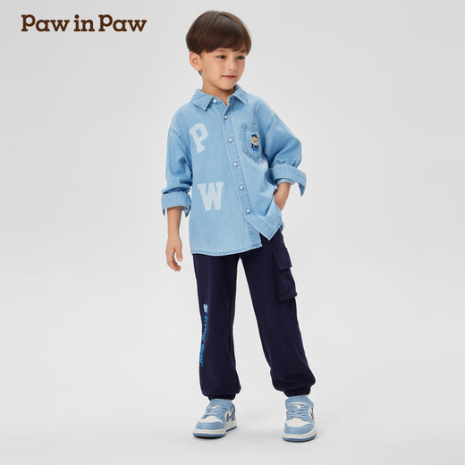 PawinPaw shopping mall same style cartoon bear children's clothing 25 spring and summer new boys' denim shirt Indigo denim blue/55 130
