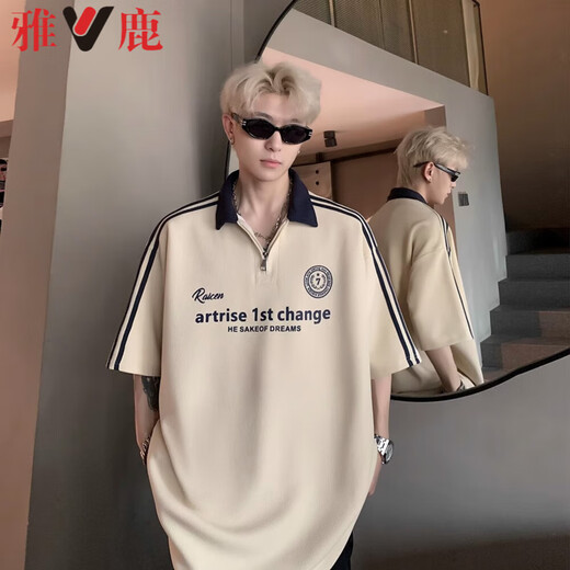 Yalu American High Street Heavyweight Retro Camiseta de polo de manga corta Summer's Summer New Contrasting Half-Zipper Manga de cinco puntos Top azul marino [869 Alta calidad 21] L 105-125Jin [Jin equivale a 0.5 kg]
