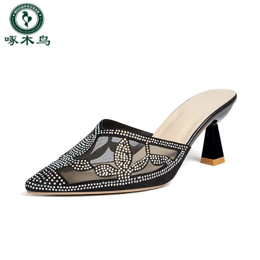 Woodpecker 2025 Été Nouveau Mesh Rignestones Toe à moitié pantoufles pour les femmes Fashion Wear Chaussures de femmes
