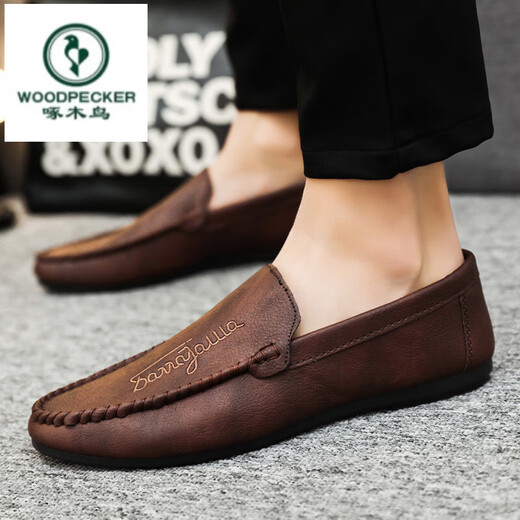 
Woodpecker men's love bean shoes for men to work 2025 spring and summer new soft leather wedding groom leather British casual shoes D838 brown 39
