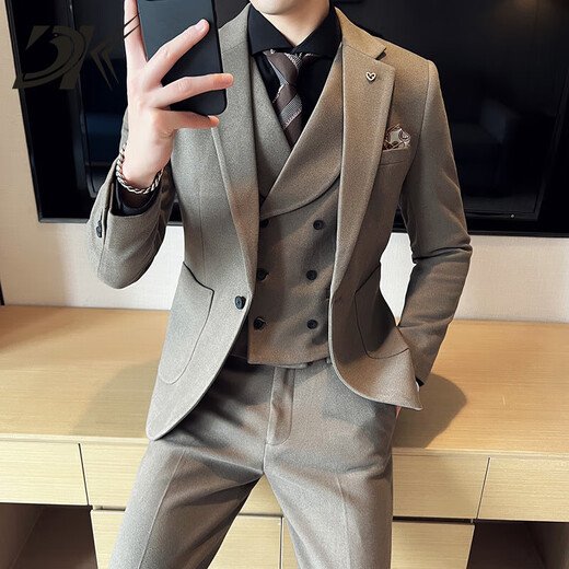 DK brand men's woolen suit suit men's spring and autumn new Korean version slim wedding suit dress three-piece set brown suit + trousers M