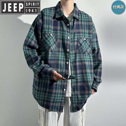 
JEEP SPIRIT Loose and Handsome Long Sleeve Shirt Plaid 2025 Spring and Autumn Men's Student Casual Jacket Retro American Work Shirt K12109 Blue XL