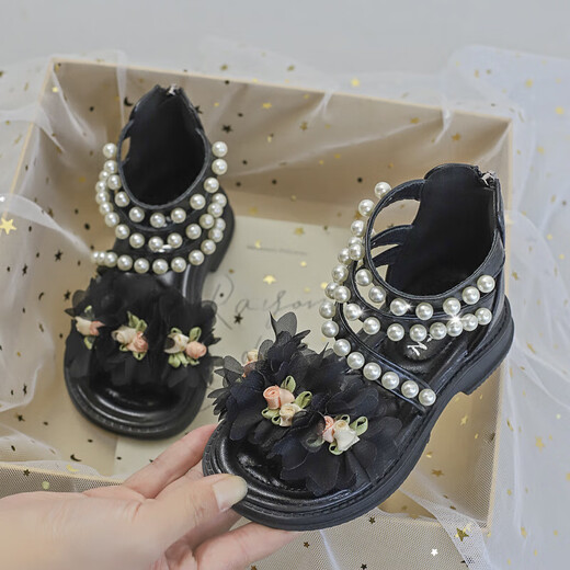 Baby Girl Roman Sandals 2025 Spring and Summer New Children's Small Flower Sandals Baby Girl Roman Shoes Black 35 / Inner Length 22cm