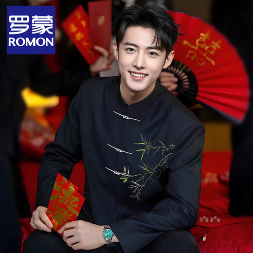 ROMON New Chinese Suit Embroidered Mao Suit Men's Groom Wedding Suit Engagement New Tang Suit Chinese Style Suit Black Suit + Pants XL