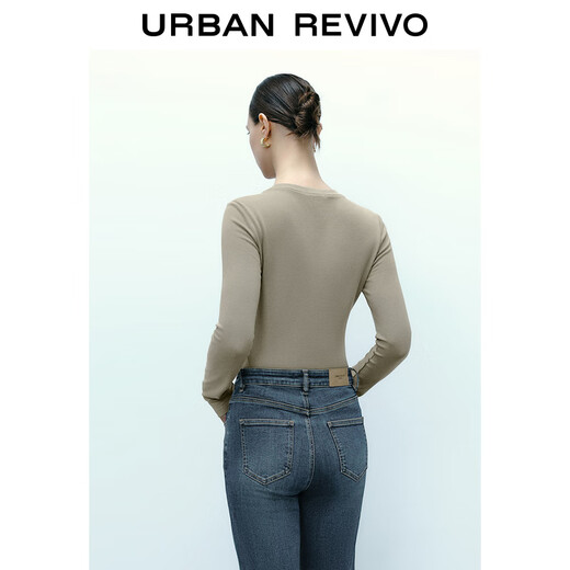 UR new autumn women's clothing simple basic versatile round neck slim long-sleeved T-shirt UWB440043 green khaki M