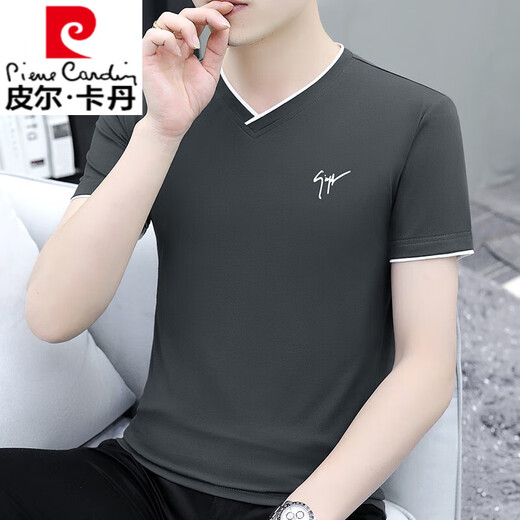 皮尔卡丹（pierre cardin）夏季男士短袖t恤v领纯棉半袖鸡心领体恤潮流修身上衣薄款男装 浅灰色 YD7029 M