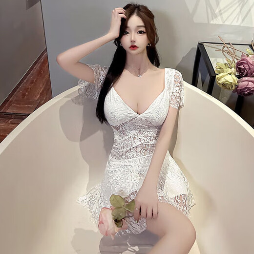 欲动夜店性感连衣裙微胖夜场技师女装短袖款足浴低胸V领修身收腰裙子 气质白 L 110~120斤