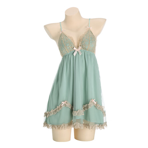 
French romantic lace suspender nightgown for women with autumn and winter chest pad underwear sexy sexy pajamas P3886 shrimp powder robe + belt All size