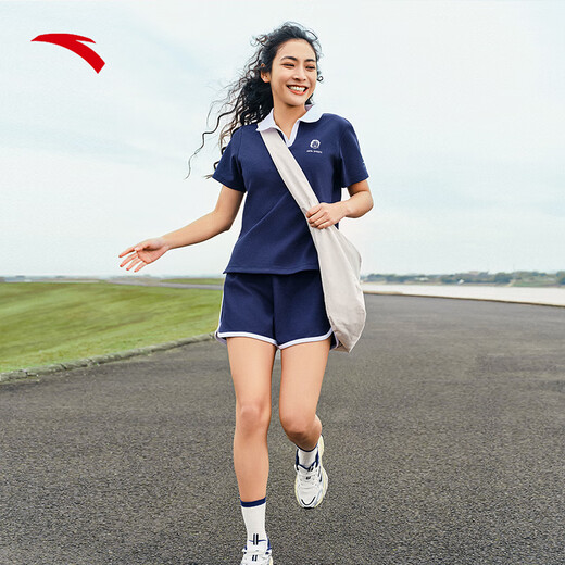 Anta [Gleicher Stil wie Zhang Yufei] Lapel-Freizeitanzug für das Kurzärärmel-T-Shirt-Shorts für Frauen im Sommer College zweiteiliger Sportswear Maya Blue-2 S