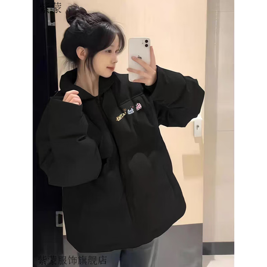 Purple Meng Down Jacket Women's Short 2024 New Student Small Clothes Cotton Jacket Winter Down Jacket Women Korean Version Thickened Black One Size (Can Remark Size)