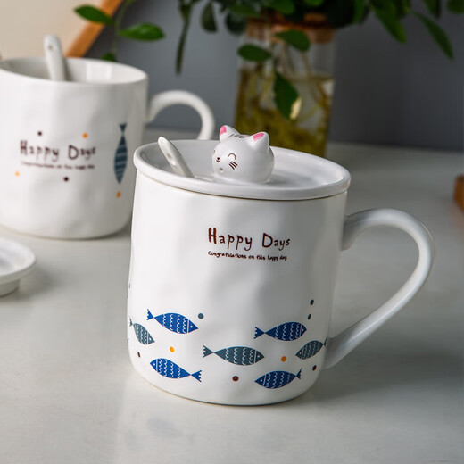 Porcelain soul ceramic mug with lid and spoon cup coffee cup couple tea cup men and women large capacity water cup kitten cup