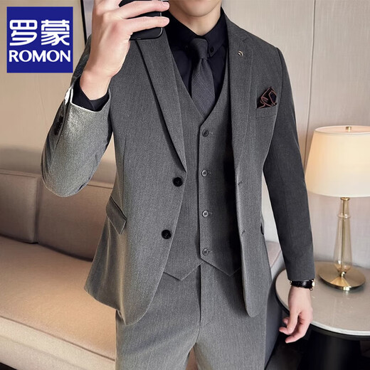 ROMON Groom wedding suit suit men's slim suit three-piece dress business casual British style professional formal wear 9889 medium gray three-piece suit [suit + vest + pants 54/2XL [135-150Jin [Jin equals 0.5 kg] wear]