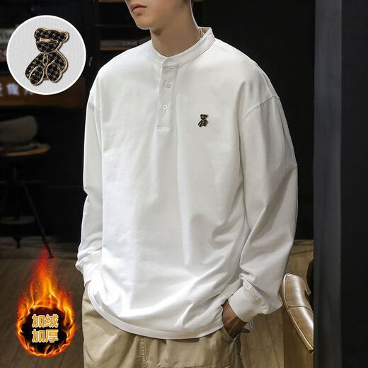 Yingtang Autumn Henry Collar Long Sleeve T-Shirt Men's Velvet Large Size POLO Bottoming Shirt Spring and Autumn Men's Sweatshirt White Velvet M Recommendation-115Jin Jin is equal to 0.5 kg
