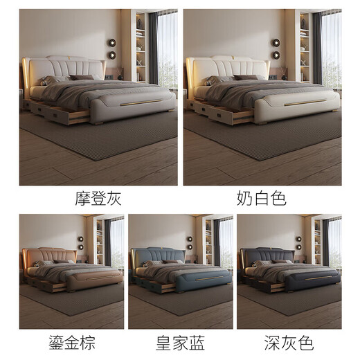 Light luxury leather bed master bedroom queen bed modern simple double bed 1.8 meters storage soft package wedding bed 2 meters leather bed with light high quality leather bed color remarks - delivery to home 1800mm*2000mm frame structure