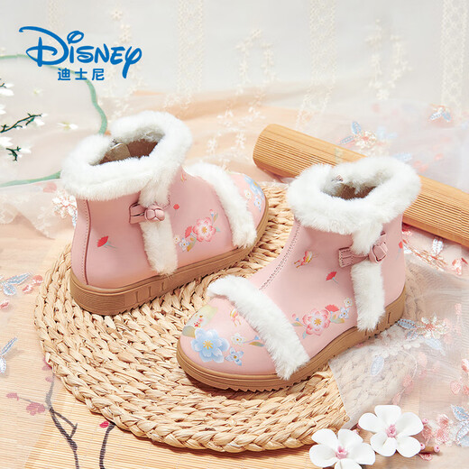 Disney children's shoes, Chinese style girls' Hanfu shoes, sweet winter plus velvet short boots, retro cotton boots DP22160 pink 31