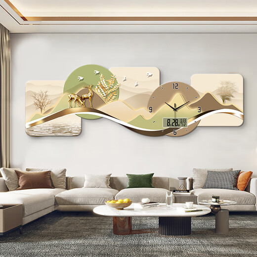 小小画钟福鹿万年历电子钟表挂钟客厅装饰画LED带灯餐厅沙发背景挂墙时钟 BG6623 LED灯画（插电款+遥控器） 47英寸 【120*40cm】