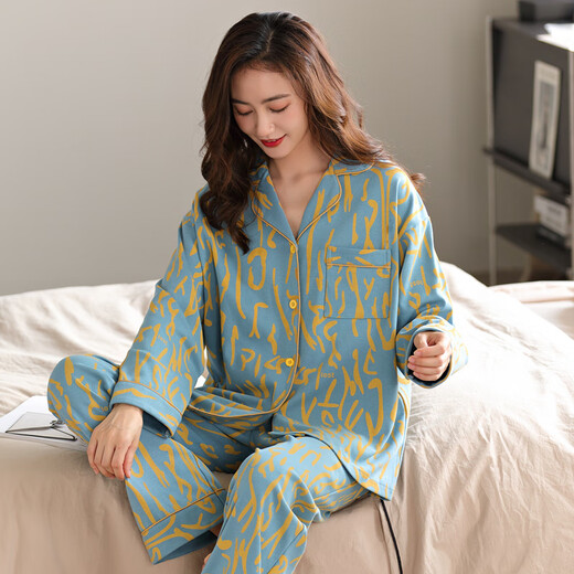 Yalu Pyjamas für Frauen im Frühjahr und Herbst 2025 Neues reines Baumwollpyjamas für Frauen im Sommer Revers Home Clothing Set große Größe für Außenabschlüsse Nsalm-QZ9227 M [Empfohlen 80-100jin [Jin gleich 0,5 kg]]]