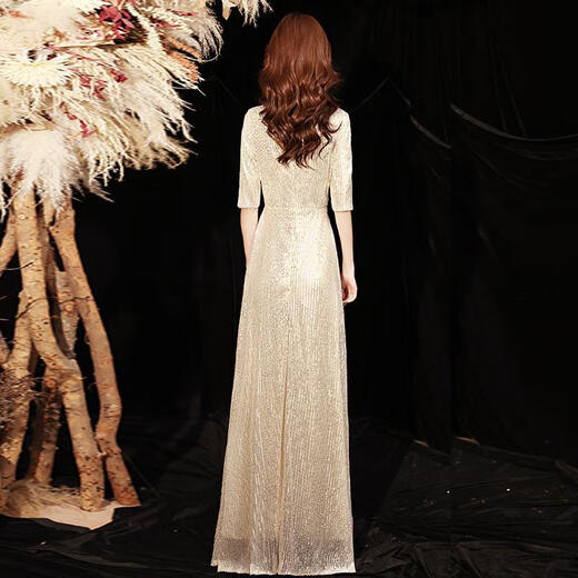 Yimimei champagne color Xi mother-in-law spring and summer style mother-in-law mid-length skirt can usually be worn at weddings and high-end mother-in-law dresses. Champagne gold long skirt length 138 SS (recommended 90-100 Jin Jin is equal to 0.5 kg) one size fits all