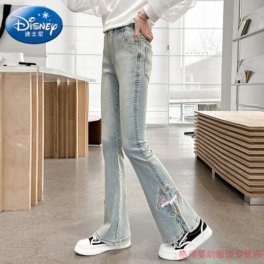 Disney girls' new Chinese style pants, big children's bell-bottom pants, 10 children's spring and autumn clothing, 13-year-old junior high school students' early autumn jeans 679 light blue spring and autumn style 160 cm