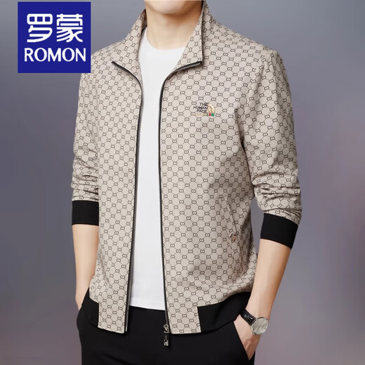 ROMON Jacket Men's 2025 Spring and Autumn Thin Solid Color High-End Men's Slim Stand Collar Fashion Plaid Casual Trendy Jacket 2223 Gray 2XL 180cm Recommended 135-150Jin Jin is equal to 0.5 kg
