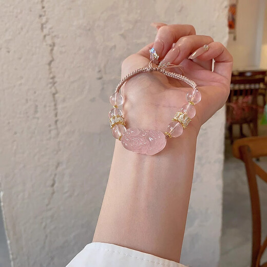 Natural Madagascar Rose Quartz Bracelet for Women Hibiscus Stone Horse Pink Crystal Pixiu Bracelet Lucky Peach Blossom Bracelet Rose Quartz + Moonstone 13cm