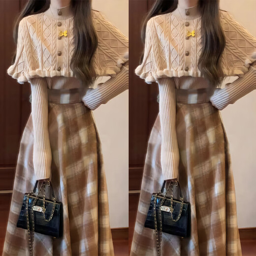 Yanlifen (yanlifen) Retro French Cape Sweater Dress Women's Autumn 2025 New Small Fragrance Style Suit Skirt Autumn and Winter Two-piece Top + Plaid Skirt Three-piece Set L 55/60kg