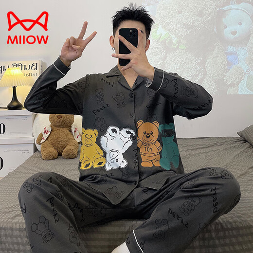 Cat Man (MiiOW) Pure Cotton Men's Pajamas Spring and Autumn Teenagers Cartoon Student Cardigan Large Size Men's Long Sleeve Trousers Home Clothing 9905 (Long Sleeve Cardigan) M
