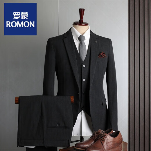 ROMON large size suit men's four seasons casual business formal fashion slim wedding groomsmen dress suit men's medium gray double button (suit + trousers) 52 (125-135Jin Jin equals 0.5 kg) XL