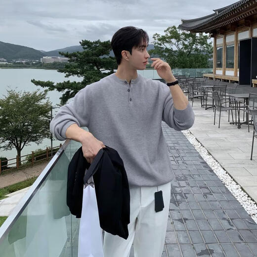 I am David, apricot Henry collar sweater sweater with bottoming shirt for men, casual, lazy, loose, trendy, long-sleeved top, jacket, apricot M