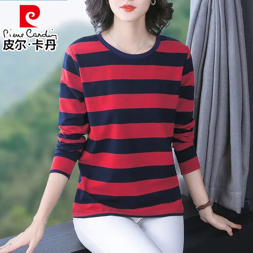 Pierre Cardin Loose Lose Long Ärmel-T-Shirt für Frauen 2025 Frühling und Herbst Neues modisches inneres Basishemd sowie vielseitiges Frühspring-T-Shirt Top für Frauen 6623 Gelb [Big Stripes l Vorschlag [105-120jin [Jin gleich 0,5 kg]