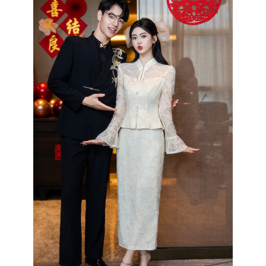 Wutuo Engagement Clothes Women's Winter New Chinese Style Champagne Color Cheongsam Toast Clothes Bride Wedding Dress Dress Long Sleeve Champagne Color 3263 L
