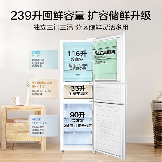 Midea three-door 251 household refrigerator small apartment three-door air-cooled frost-free frequency conversion first-class energy efficiency energy-saving dormitory rental multi-door MR-251WTPE national subsidy