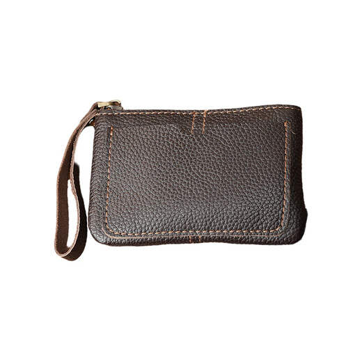 Master Lu's first layer cowhide leather zipper small cow bag pure handmade retro simple change storage bag small bag chocolate brown