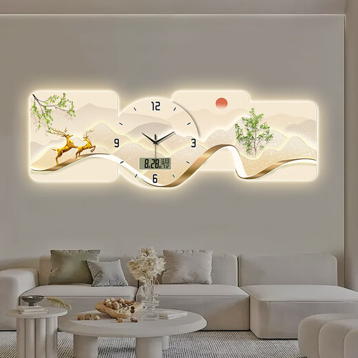 小小画钟福鹿万年历电子钟表挂钟客厅装饰画LED带灯餐厅沙发背景挂墙时钟 BG6623 LED灯画（插电款+遥控器） 47英寸 【120*40cm】