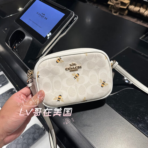 蔻驰（COACH）美国代购Coach蔻驰女包Jamie真皮PVC帆布老花单肩斜挎小号相机包 浅卡其logo白色 C9926