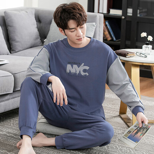 Modal men's pajamas spring and autumn style teenager round neck long sleeves full fat plus size casual loose home clothing set 8LF9928 L 170 weight 120-140Jin [Jin equals 0.5 kg]