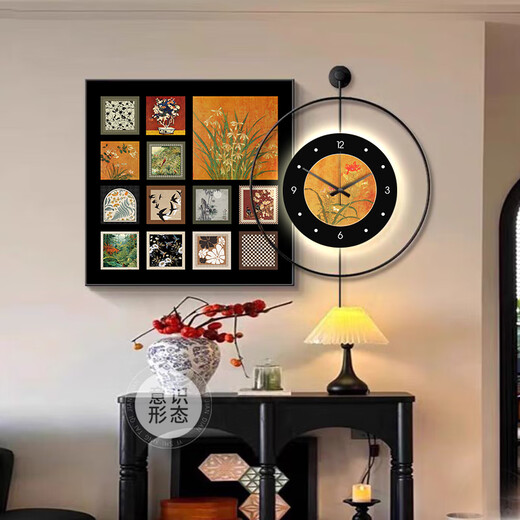 Middle style Bailian Restaurant Decorative Painting LED Lights with Clocks and Watches Mural Retro Dinner Table Background Wall Painting K12806+PB57 e50*50cm Painting +50*50cm Wall Clock with Pendulum [