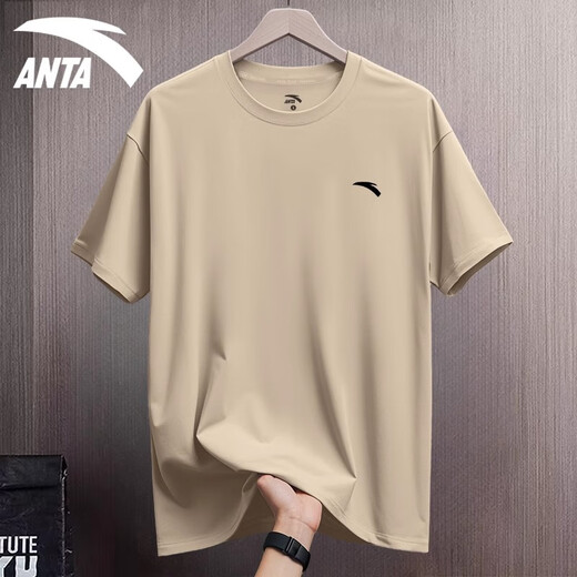 Anta (ANTA) ice silk quick-drying short-sleeved T-shirt for men 2025 spring and summer cool breathable casual running fitness exercise half-sleeved men -10 light brown [ice silk quick-drying] L /175 suitable for 120-140Jin [Jin equals 0.5 kg]