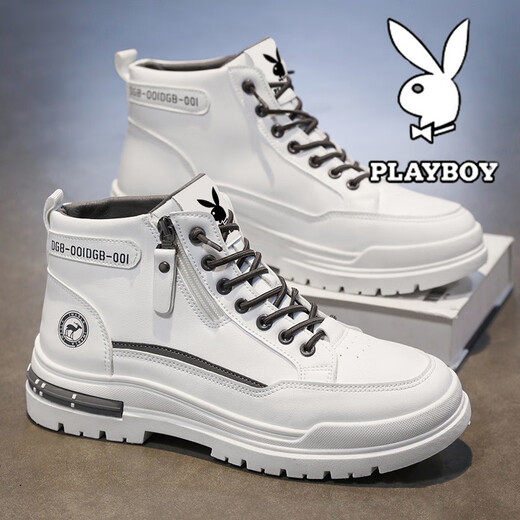 Playboy (PLAYBOY) men's shoes high top spring and summer new 2025 casual retro thick sole height-enhancing breathable trendy leather shoes men's Martin boots white gray 844 39