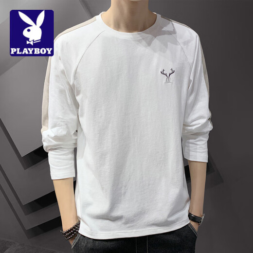 花花公子;PLAYBOY长袖t恤男春秋季2025新款打底衫纯色上衣宽松休闲百搭圆领卫衣男 DS692白色 M (约90-110斤可穿)