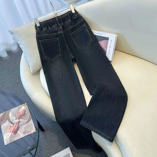 Zhang Fanyu elastic waist jeans for women in spring, autumn and winter 2024 new high-waist loose straight pants casual large size narrow wide-leg pants 1283 dark blue plus velvet thickened S 80-95