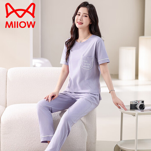 猫人（MiiOW）睡衣女夏季薄款2025年新款纯棉短袖长裤家居服套装夏天全棉可外穿 7374豆绿 L 100-120斤