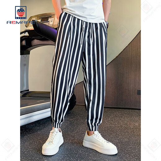Pantalones casuales de aemape para pantalones de seda de hielo de rayas delgadas para hombres para pantalones de harén sueltos de verano para pantalones de hombres nuevos pantalones recortados estilo principal de imagen principal en forma suelta 120 Jin [Jin iguala 0.5 kg] m