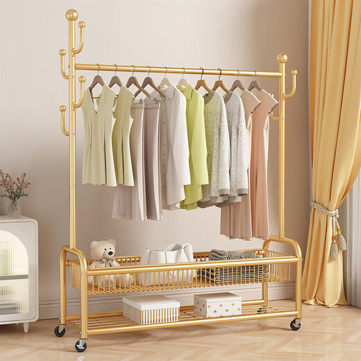 Wooden multifunctional clothes hanger floor-standing bedroom coat rack living room balcony single pole clothes drying mobile storage storage hanger 120cm light luxury gold double-layer mesh basket + 6 hooks + wheels